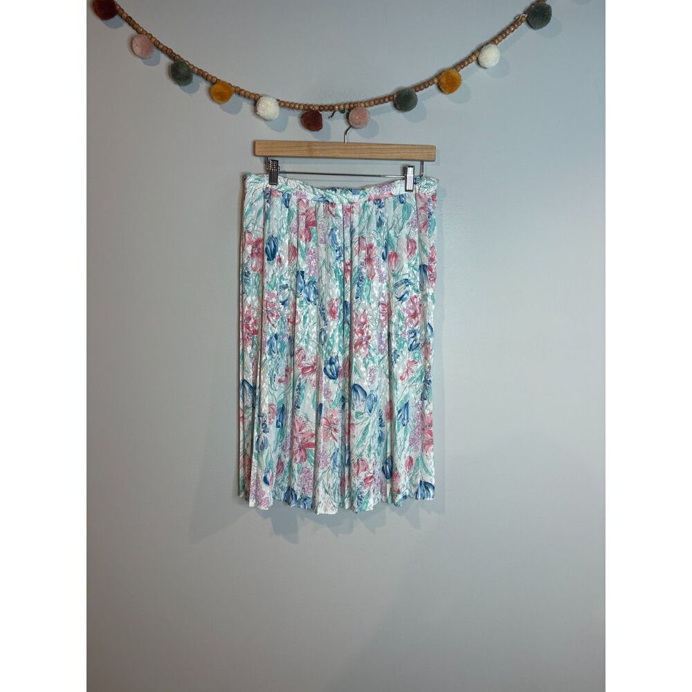 Vtg white floral pleated midi skirt